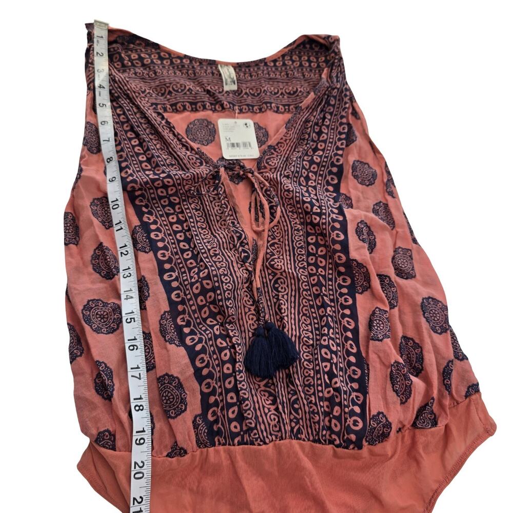 Free People Bodysuit Womens Medium Boho Tie Front Tassel Deep V Festival - Picture 8 of 14